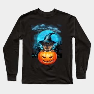 Rottweiler Witch Hat Pumpkin And Blue Moon Halloween Long Sleeve T-Shirt